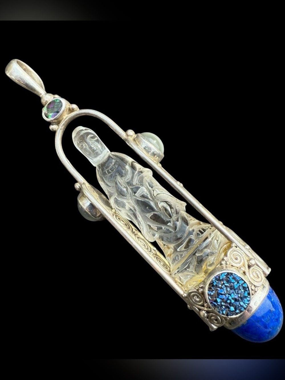 LARGE 30.5g SAJEN 925 Carved Quartz Deity Pendant Blue Druzy Lapis Mystic Topaz